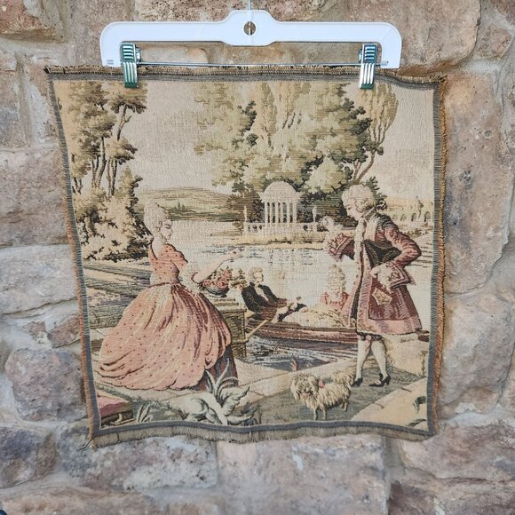 Vintage French Tapestry Wall Hanging With Romantic Pastoral Scene Square 20" - Picture 1 of 6